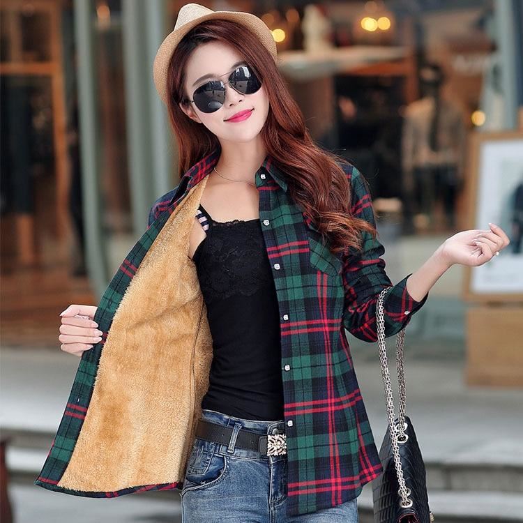 2020 Brand Winter Warm Women Plus Velvet Thicke Plaid Shirt Style Coat Jacket Wo