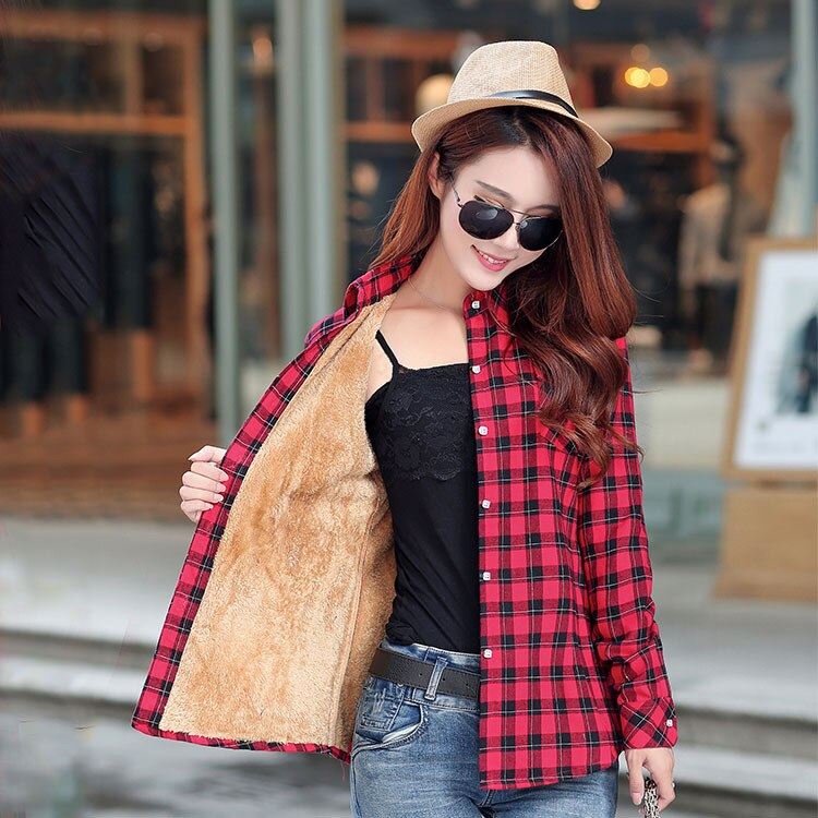 2020 Brand Winter Warm Women Plus Velvet Thicke Plaid Shirt Style Coat Jacket Wo