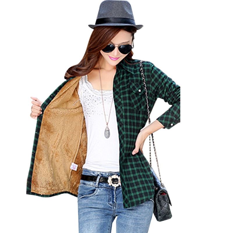 2020 Brand Winter Warm Women Plus Velvet Thicke Plaid Shirt Style Coat Jacket Wo