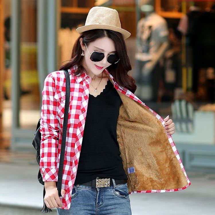 2020 Brand Winter Warm Women Plus Velvet Thicke Plaid Shirt Style Coat Jacket Wo