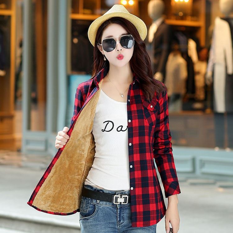 2020 Brand Winter Warm Women Plus Velvet Thicke Plaid Shirt Style Coat Jacket Wo