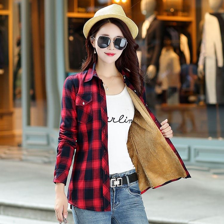 2020 Brand Winter Warm Women Plus Velvet Thicke Plaid Shirt Style Coat Jacket Wo