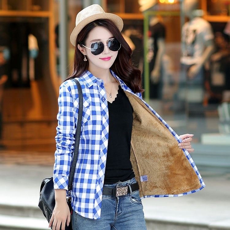 2020 Brand Winter Warm Women Plus Velvet Thicke Plaid Shirt Style Coat Jacket Wo