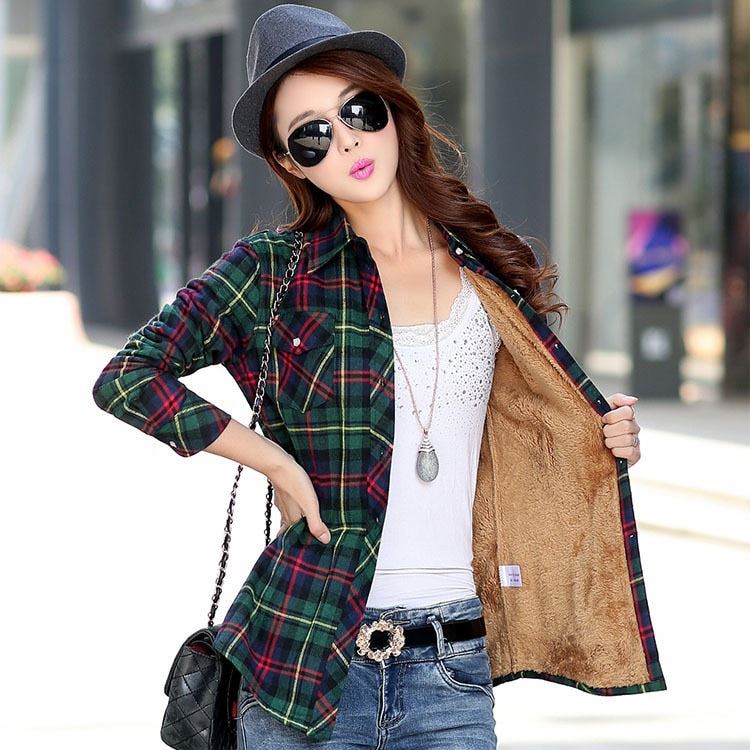 2020 Brand Winter Warm Women Plus Velvet Thicke Plaid Shirt Style Coat Jacket Wo