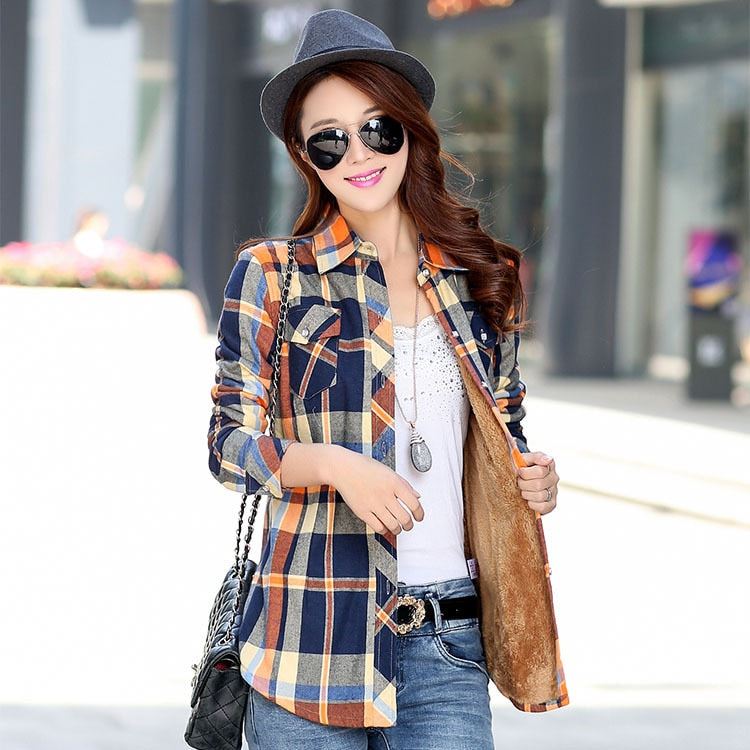 2020 Brand Winter Warm Women Plus Velvet Thicke Plaid Shirt Style Coat Jacket Wo