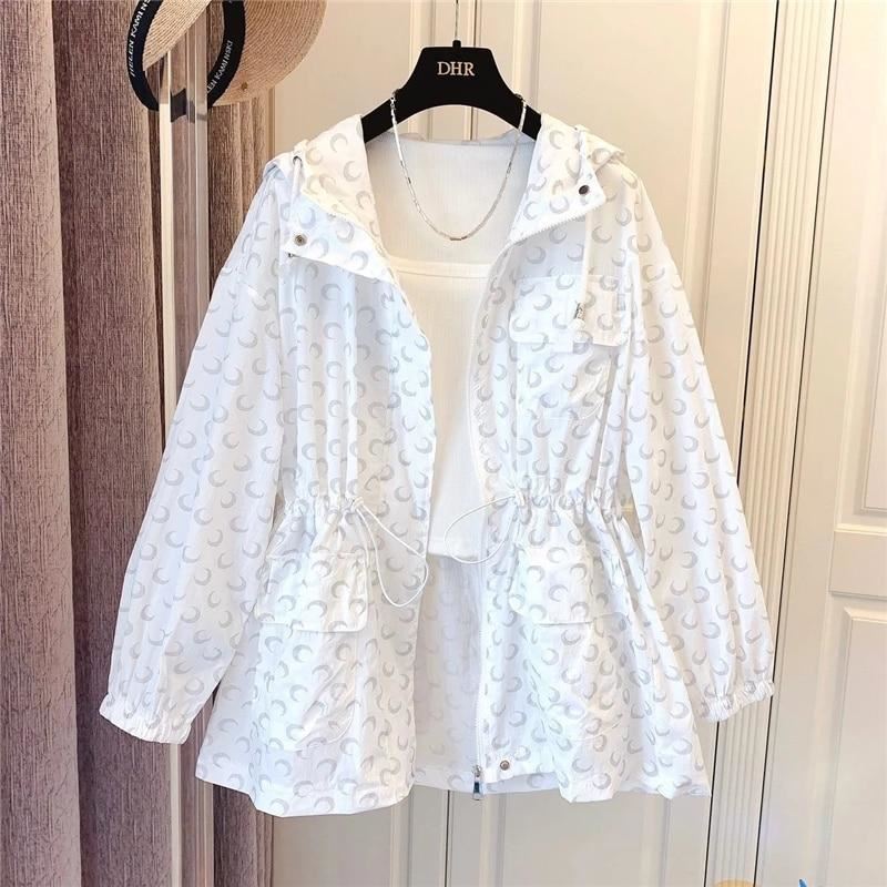 Korean Print Mid-Length Sun Protection Clothing Women Cardigan Jacket  Hooded Sp