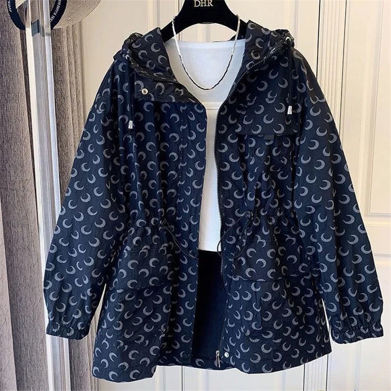 Korean Print Mid-Length Sun Protection Clothing Women Cardigan Jacket  Hooded Sp