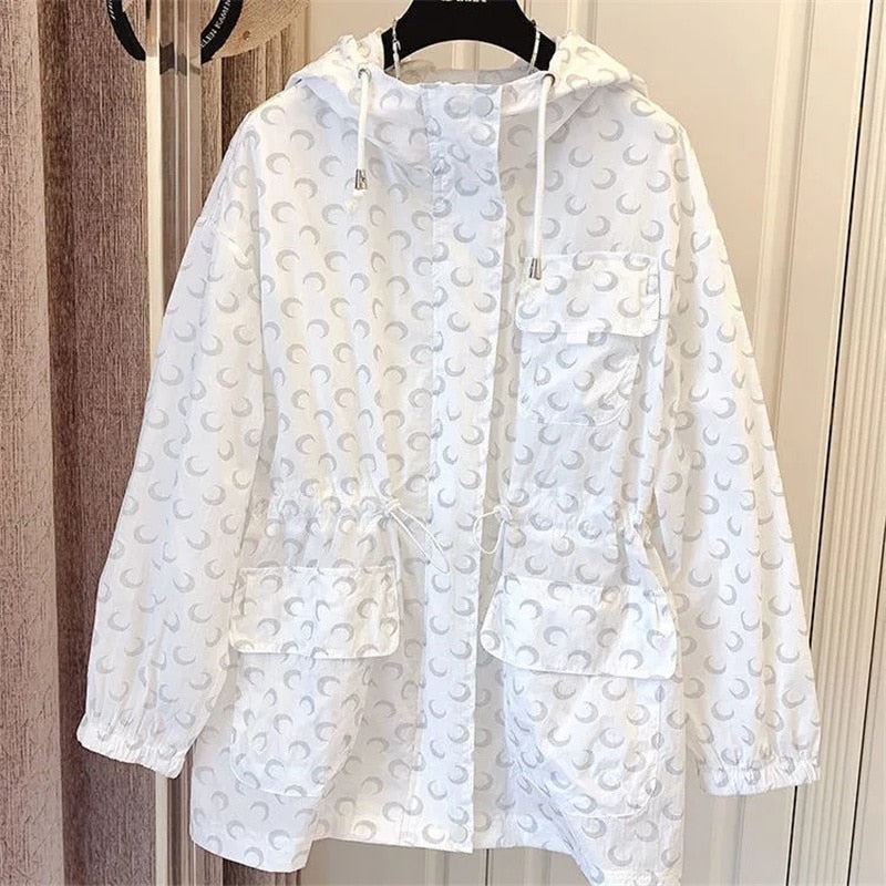 Korean Print Mid-Length Sun Protection Clothing Women Cardigan Jacket  Hooded Sp