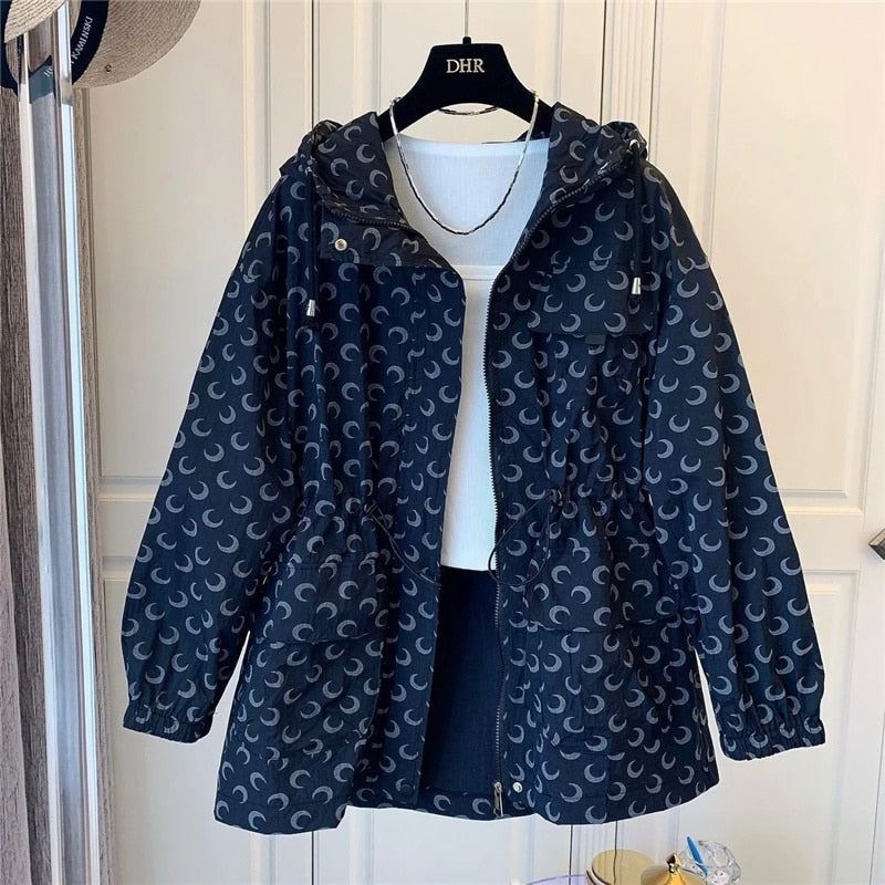 Korean Print Mid-Length Sun Protection Clothing Women Cardigan Jacket  Hooded Sp