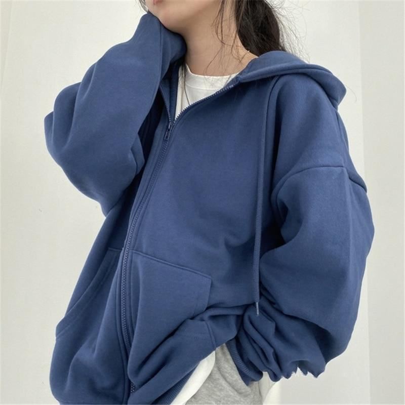 Women Oversized Hoodies Autumn Casual Solid Zipper Sweatshirts Korean Version Lo