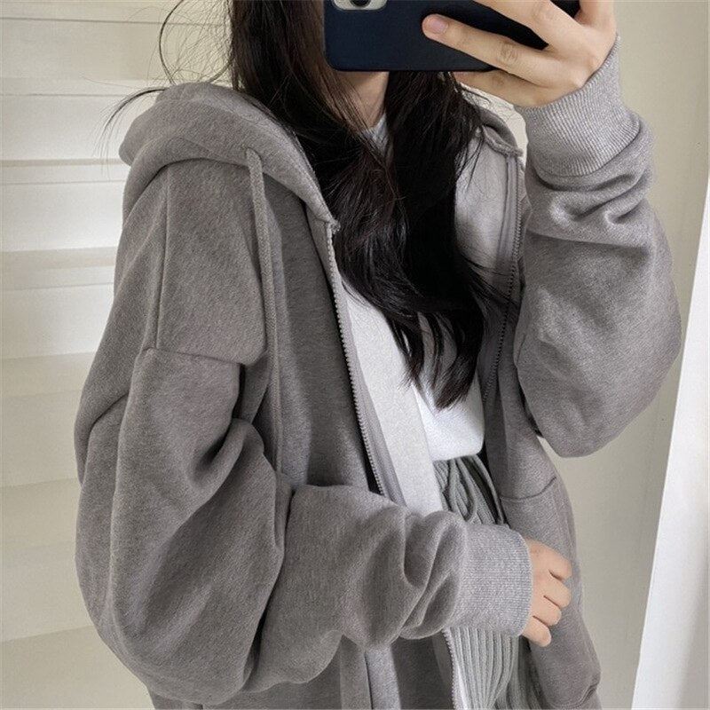 Women Oversized Hoodies Autumn Casual Solid Zipper Sweatshirts Korean Version Lo