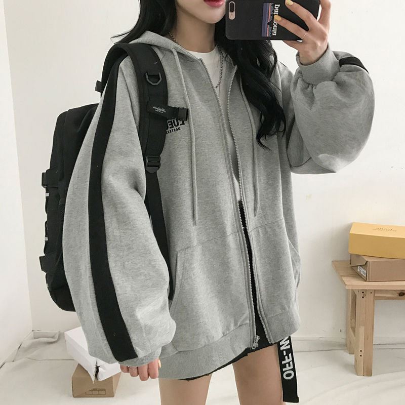 Women Oversized Hoodies Autumn Casual Solid Zipper Sweatshirts Korean Version Lo