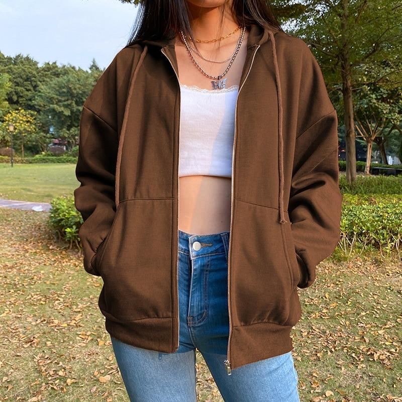 Brown Zip Up Hooded Sweatshirts Women 2021 Vintage Pockets Oversized Jacket Coat