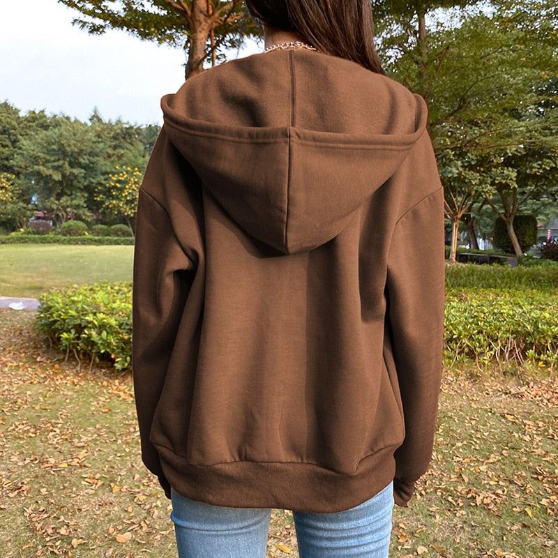 Brown Zip Up Hooded Sweatshirts Women 2021 Vintage Pockets Oversized Jacket Coat