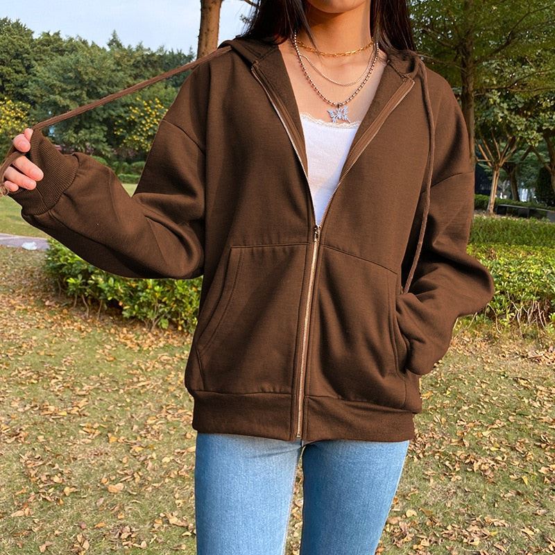 Brown Zip Up Hooded Sweatshirts Women 2021 Vintage Pockets Oversized Jacket Coat