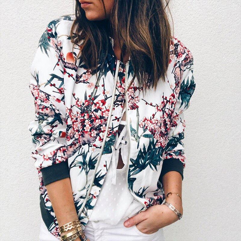 Women Crop Jacket Vintage Floral Printed Zip-Up Bomber Jacket Autumn Casual Long