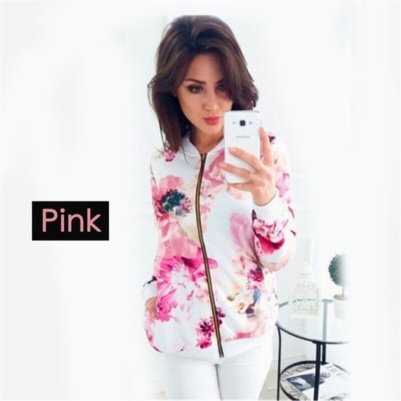 Women Crop Jacket Vintage Floral Printed Zip-Up Bomber Jacket Autumn Casual Long