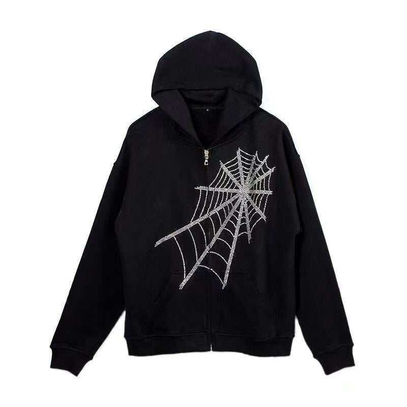 Women Harajuku Rhinestone Hoodies Gothic Black Spider Web Sweatshirts Punk Dark