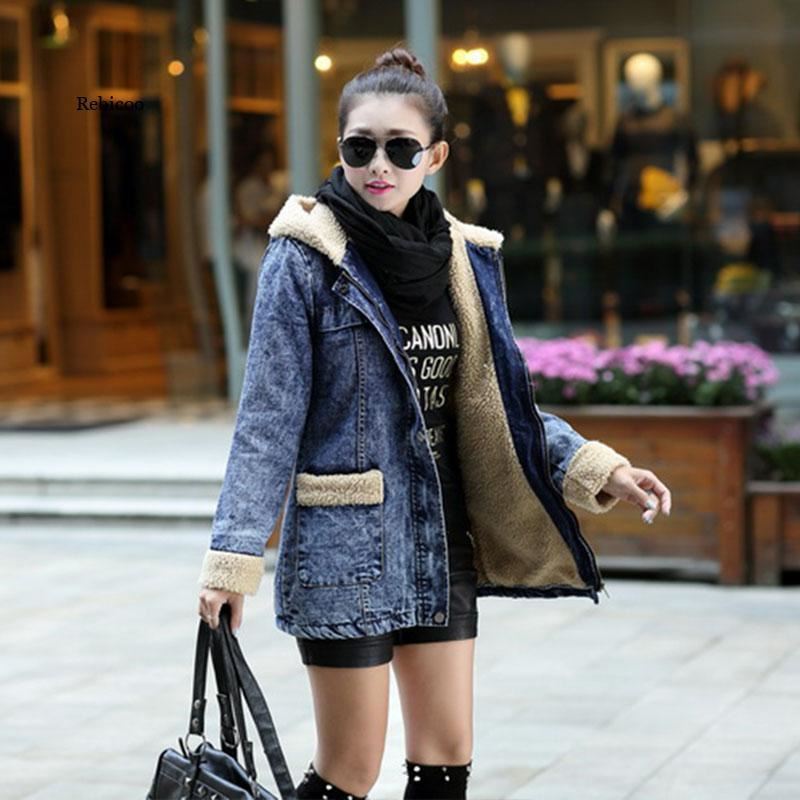 Female jacket Warm winter Denim jacket for women Hooded Wool lining women jean C