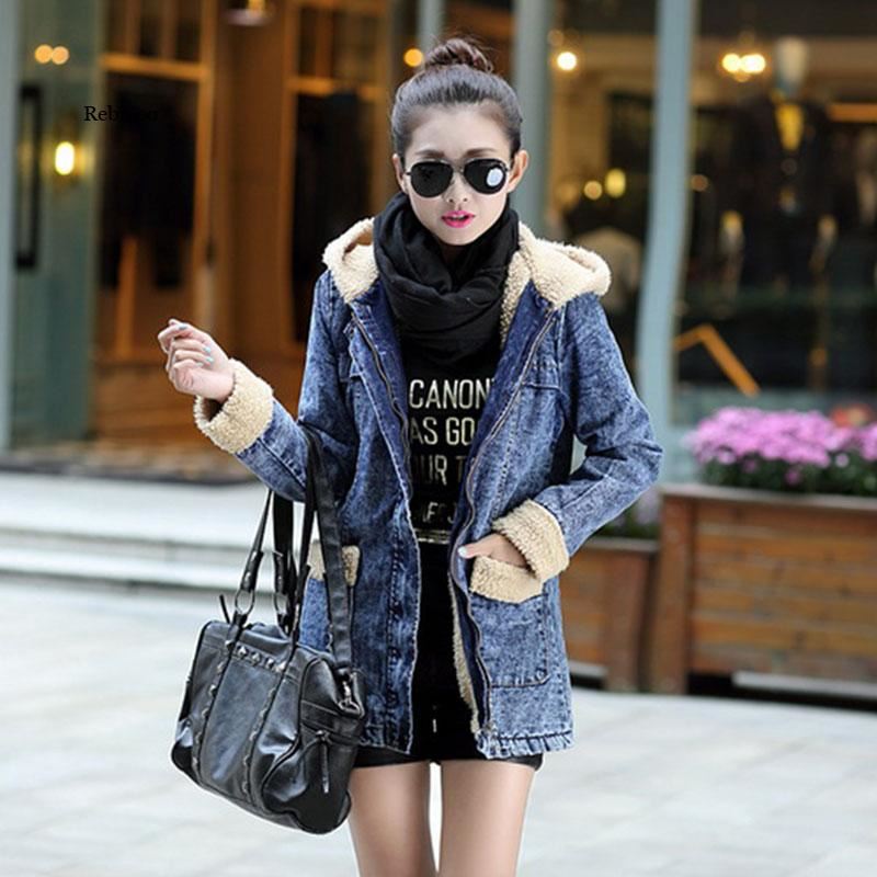 Female jacket Warm winter Denim jacket for women Hooded Wool lining women jean C