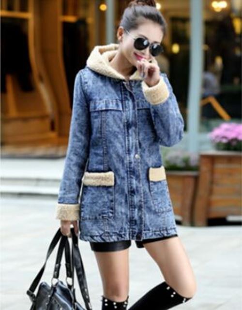 Female jacket Warm winter Denim jacket for women Hooded Wool lining women jean C