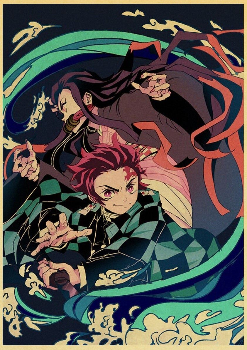 Vintage Kimetsu no Yaiba Anime Poster Kraft Paper Prints Demon Slayer Painting 12x16