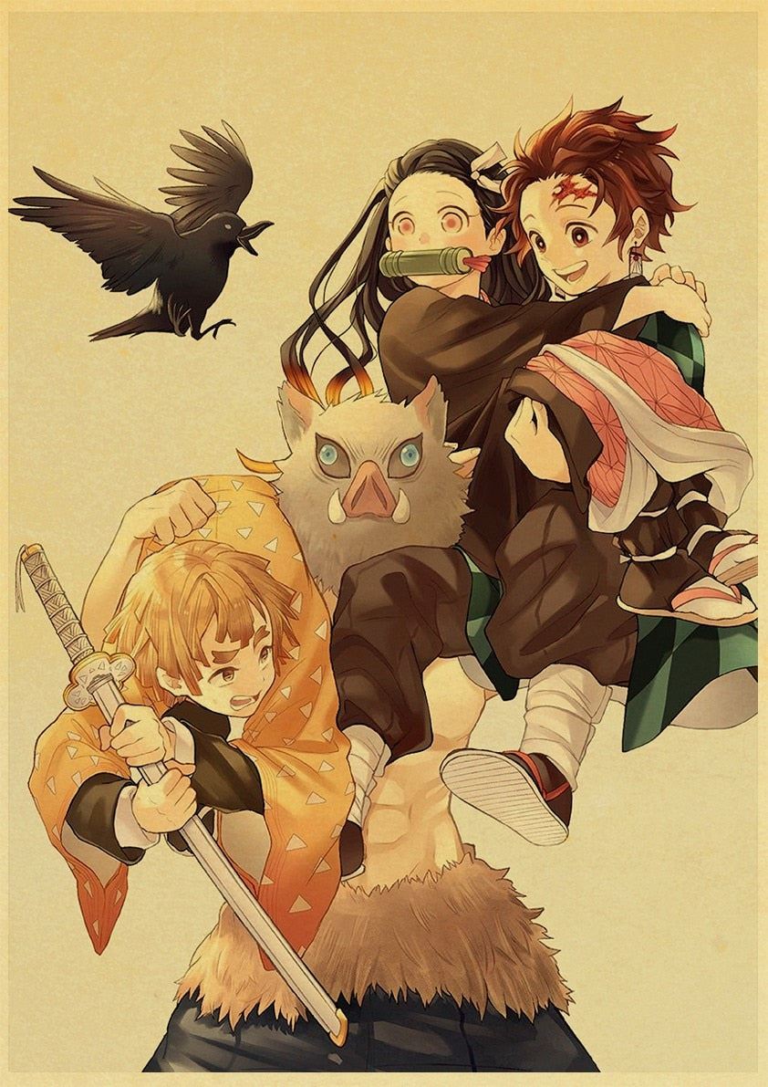 Vintage Kimetsu no Yaiba Anime Poster Kraft Paper Prints Demon Slayer Painting 12x16