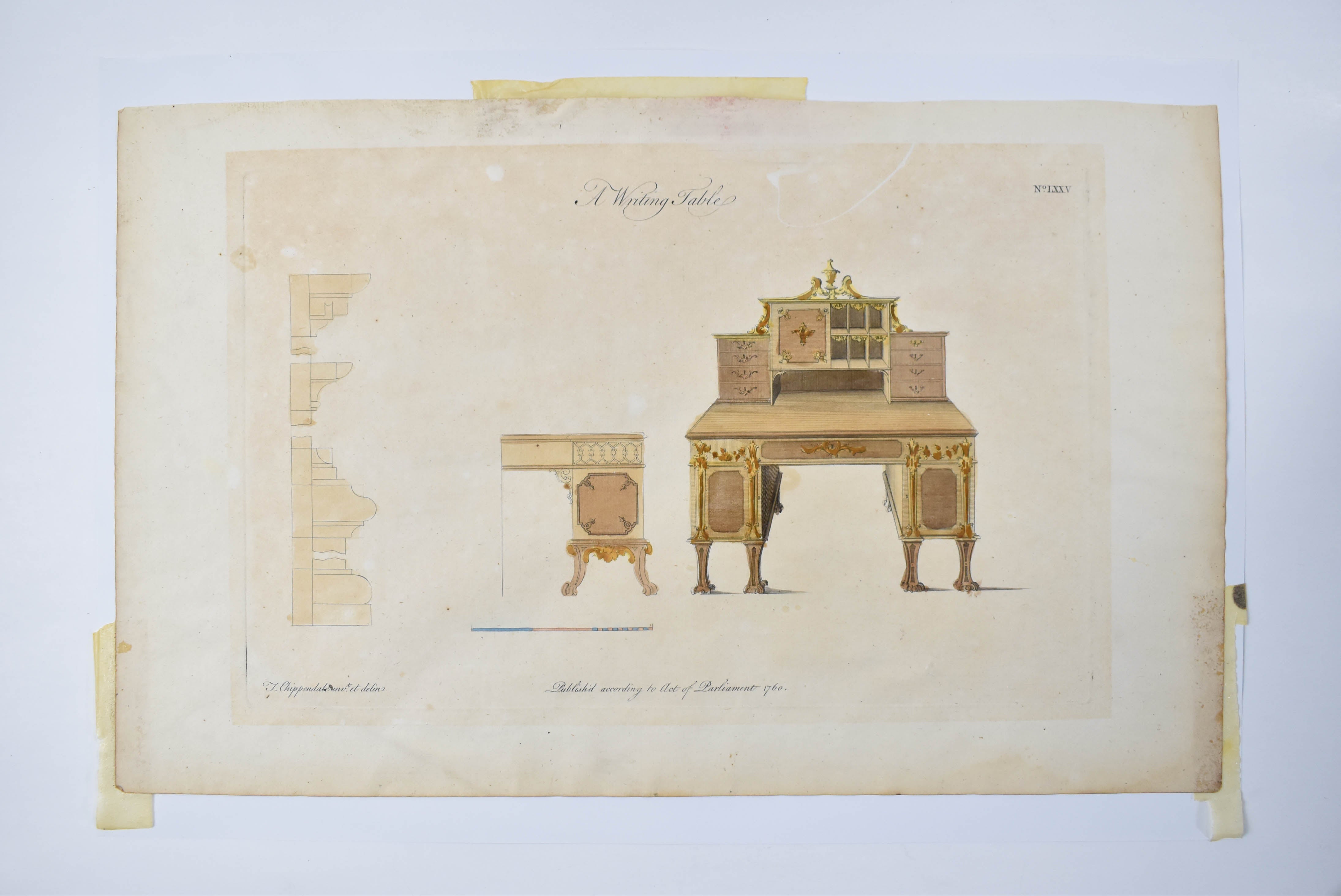 A Writing Table LXXV Thomas Chippendale Engraving Colored Framed Original