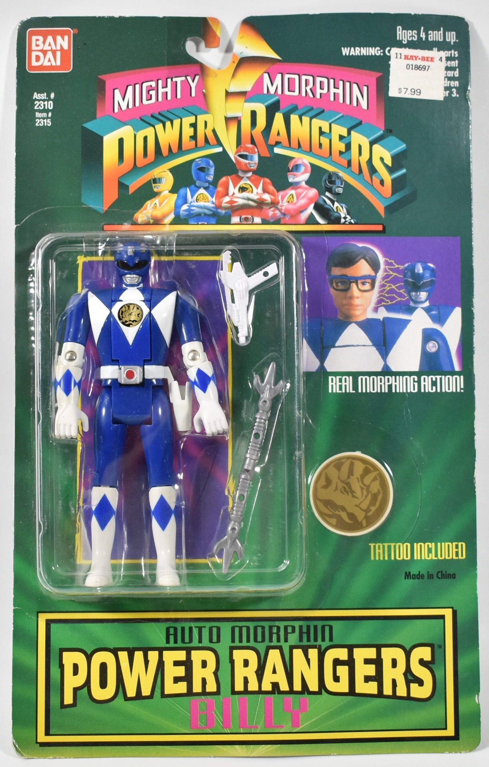 Power Rangers Auto Morphin Billy Blue Ranger 1994 BAN DAI Flip Head Action Figur