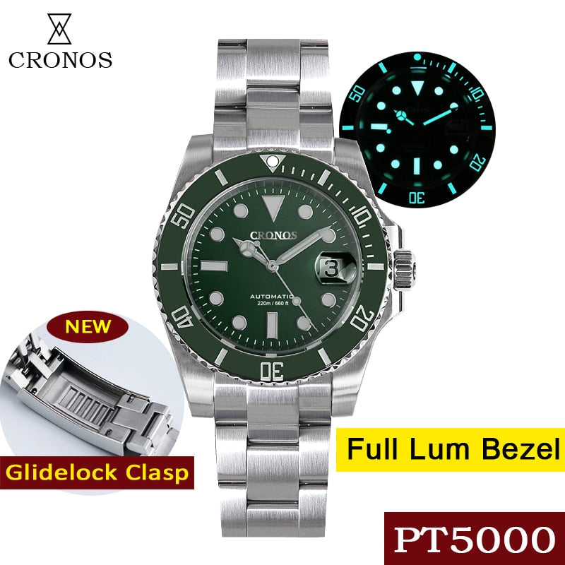 Cronos Diver Luxury Men Watch Stainless Steel PT5000 Bracelet Ceramic Rotating Bezel 200 meters Water Resistant Glidelock