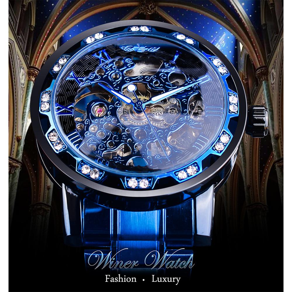 Winner Transparent Diamond Mechanical Watch Blue Stainless Steel Skeleton Watch