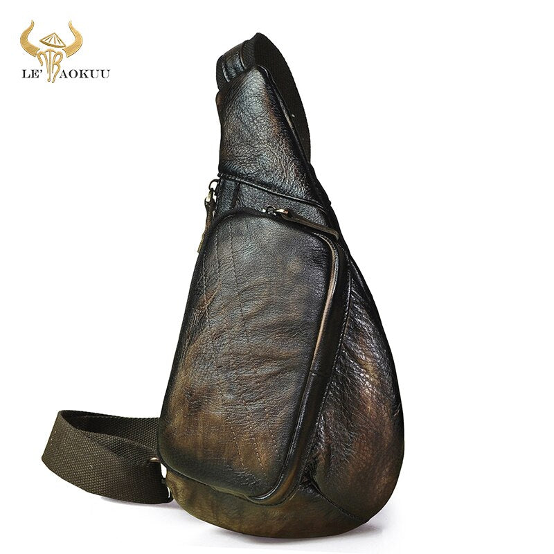 2021 Men Quality Leather Casual Retro Coffee Sling Chest Bag 8" Tablet Umbrella