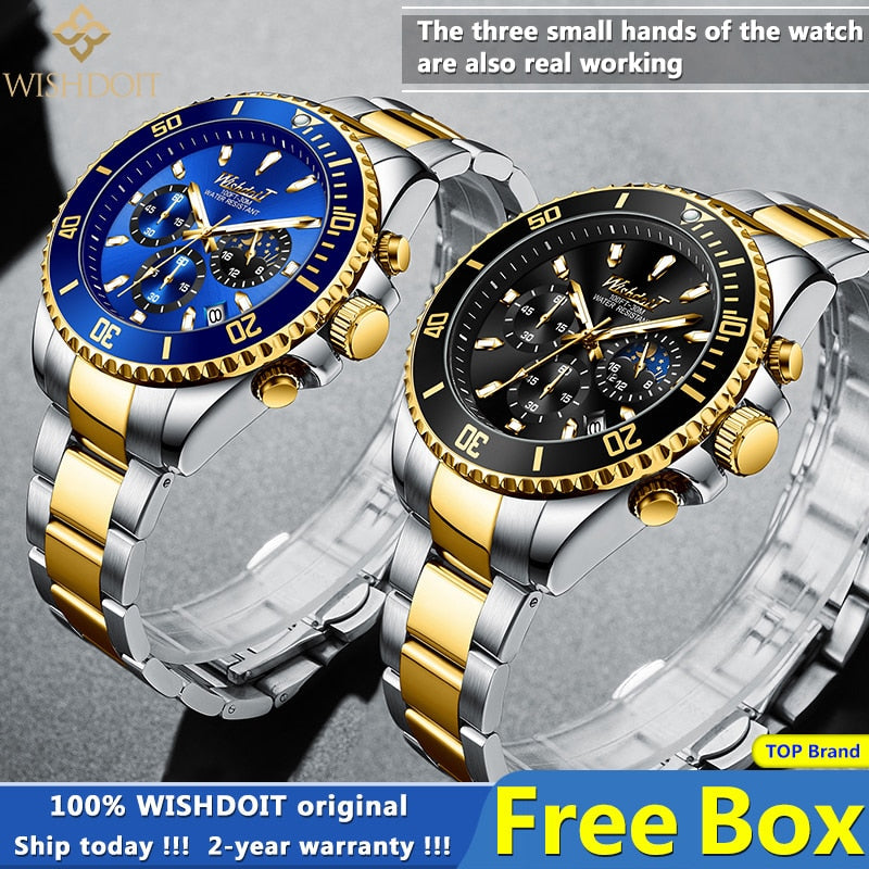 100%Original WISHDOIT Watch for Men TOP Brand Waterproof Sports Stainless Steel Chronograph 2021New Fashion Luxury Wristwatches