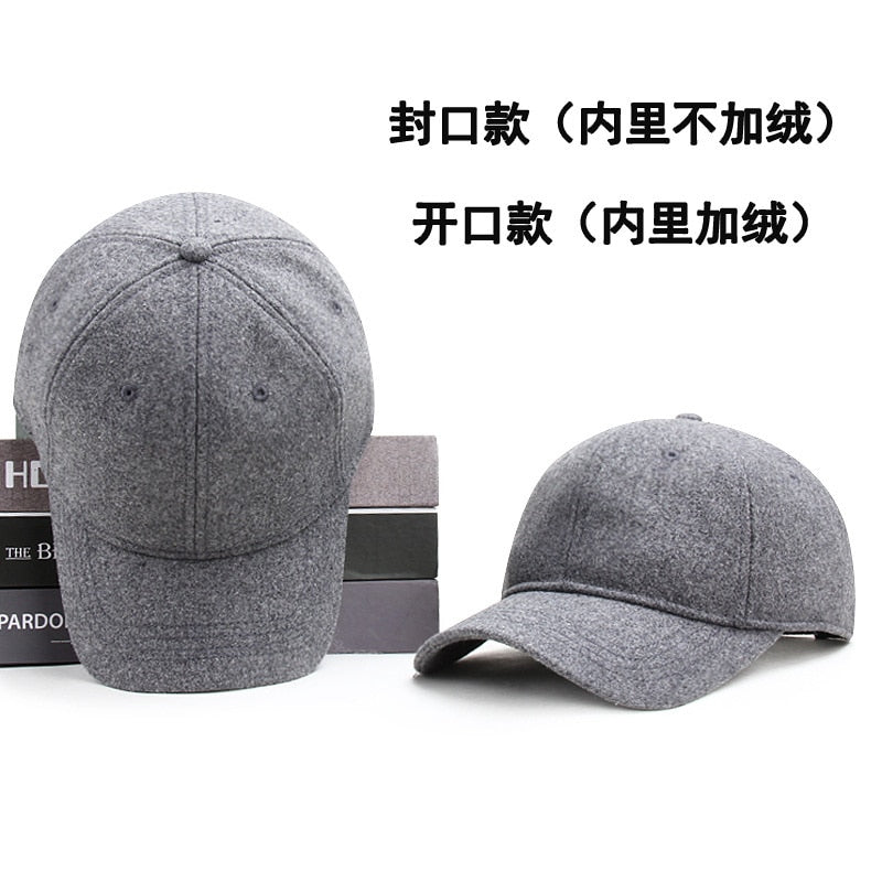 Dad Winter Warm Fleece Lining Fitted Felt Baseball Cap Man Outdoors Leisure Wool Big Size Snapback Hat 56-60cm 60-65cm