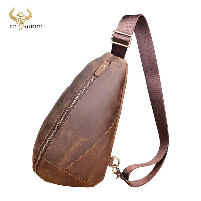 Men Original Leather Casual Triangle Chest Sling Bag 7" Tablet Design One Shoulder Bag Fashion Cross-body Bag Day-pack Male 5059