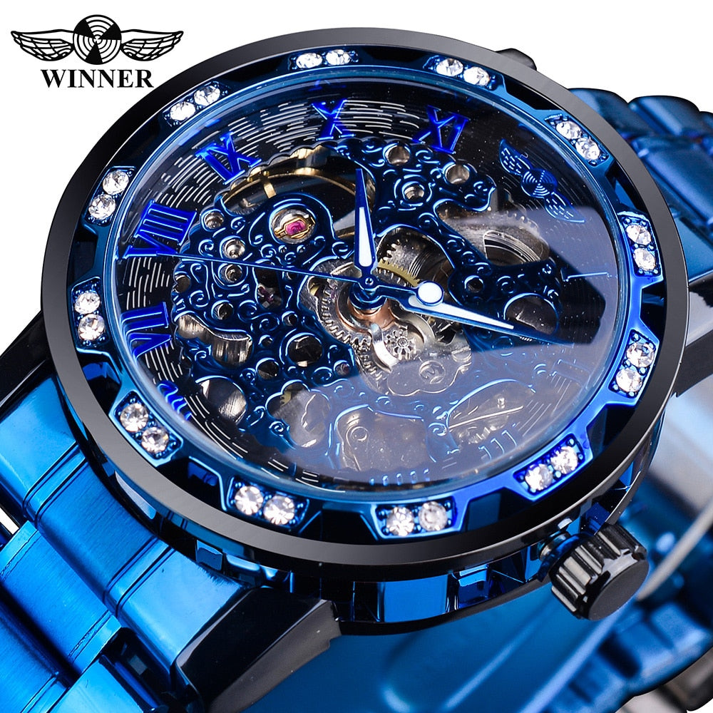 Winner Transparent Diamond Mechanical Watch Blue Stainless Steel Skeleton Watch