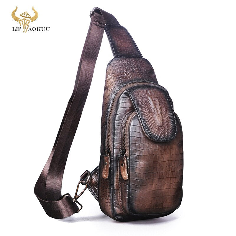 Men Natural Real Leather Retro Coffee Triangle Chest Sling Bag 8" Tablet Design