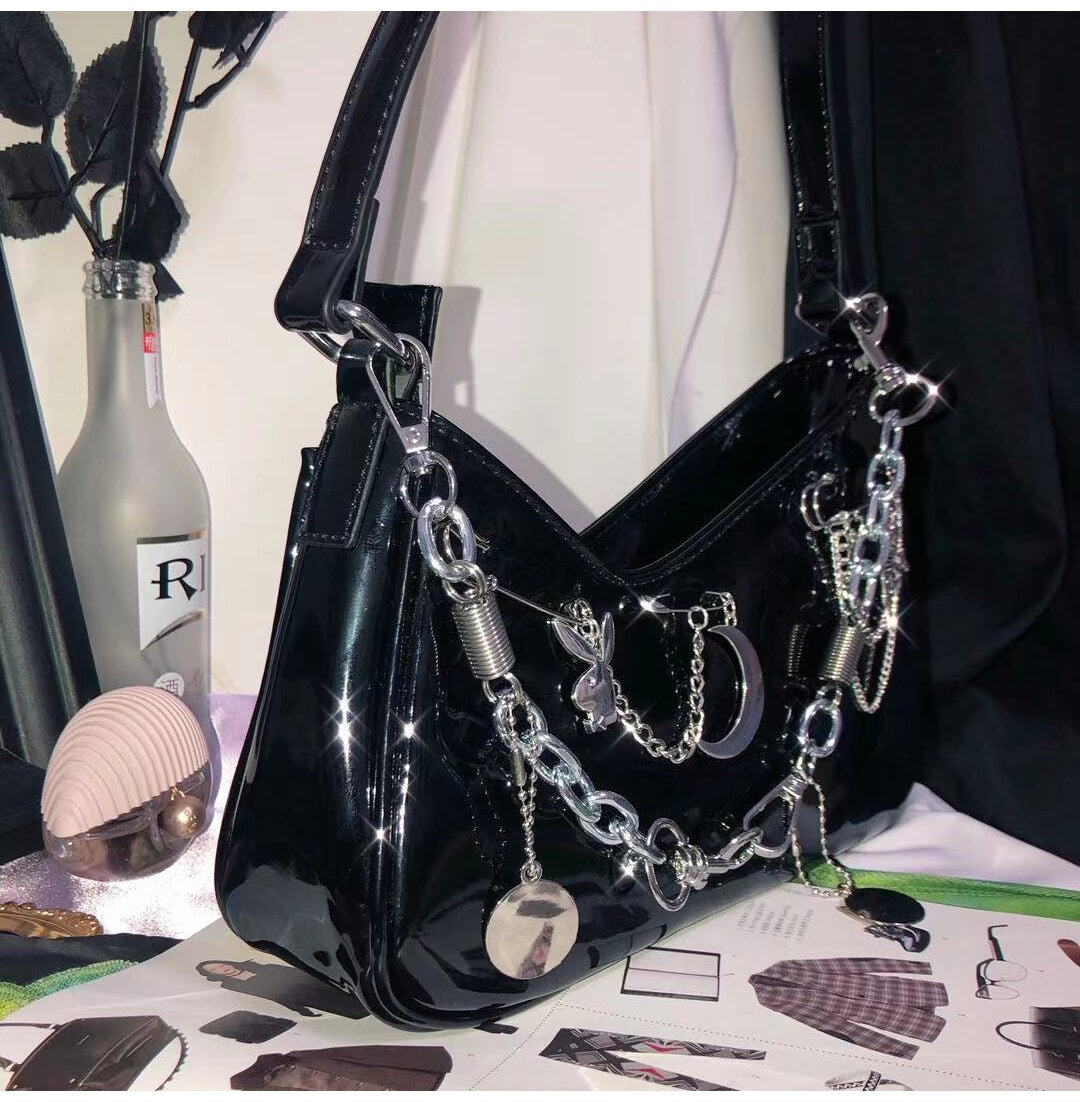 Womens Punk Lolita Shoulder Handbags Thick Chain Armpit Messenger Bag Girl Metal Steampunk Totes Female Moon Tuku Underarm Bag