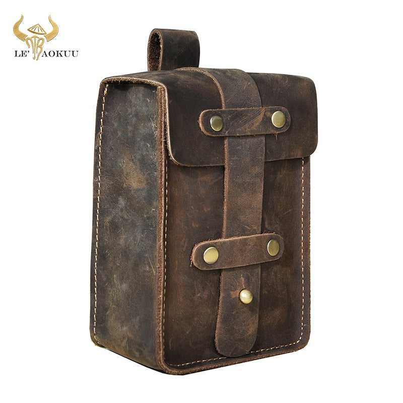 Vintage Crazy Horse Leather Male Gift Small Summer Pouch Design Cigarette Case 6" Phone Pouch Travel Fanny Waist Belt Bag 1607