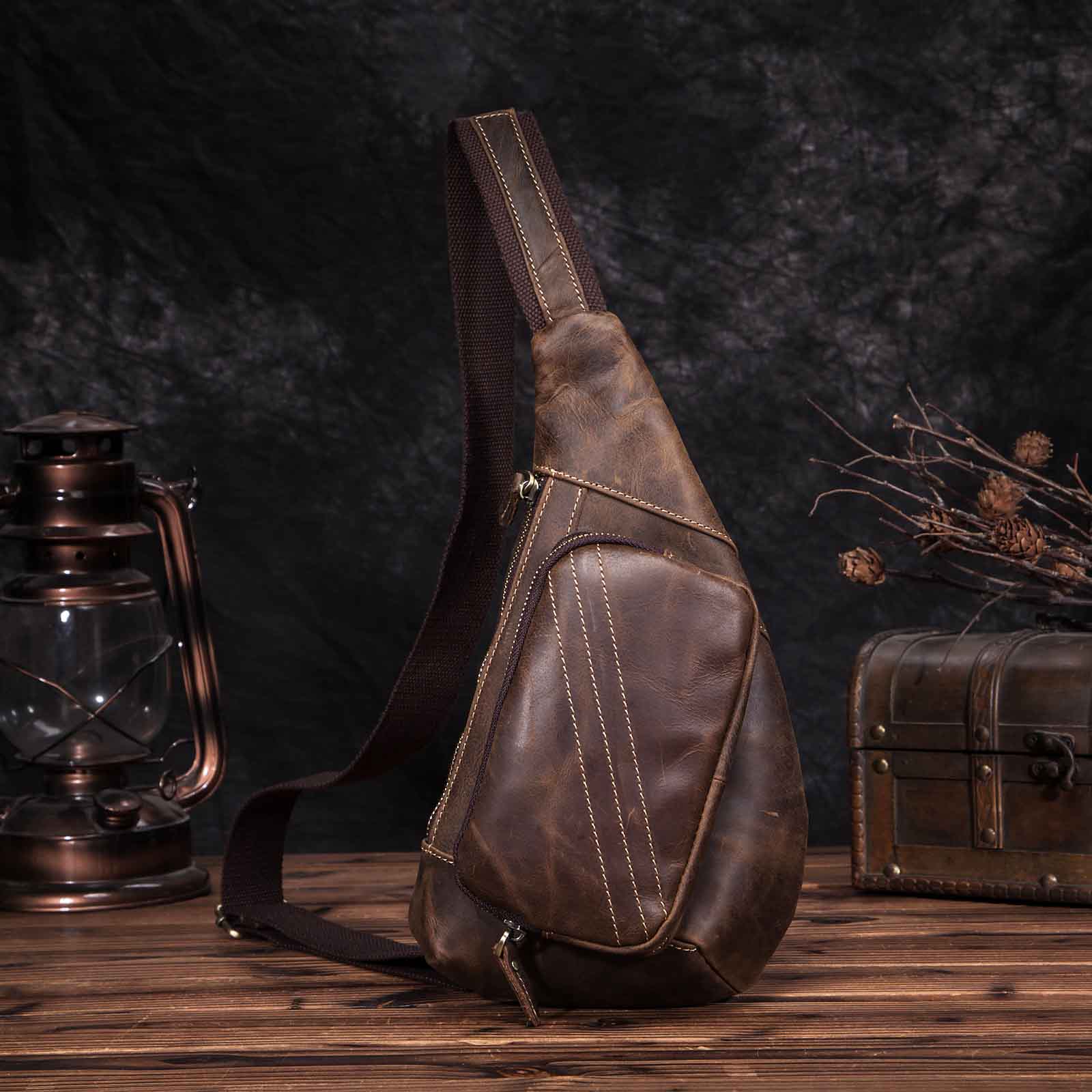 Trend Men Natural Leather Fashion Wine Travel Sling Chest Bag 8" Tablet Umbrella Design One Shoulder Cross-body Bag Male 8810