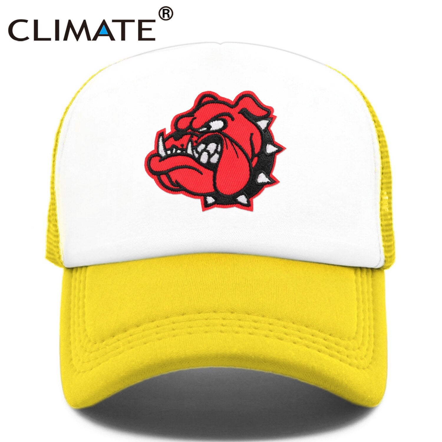 CLIMATE Cool Pitbull Dog Cap New Bulldog Trucker Cap Fierce Feral Red Dog Cartoon Mesh Cap Hip Hop Summer Hat Caps for Men