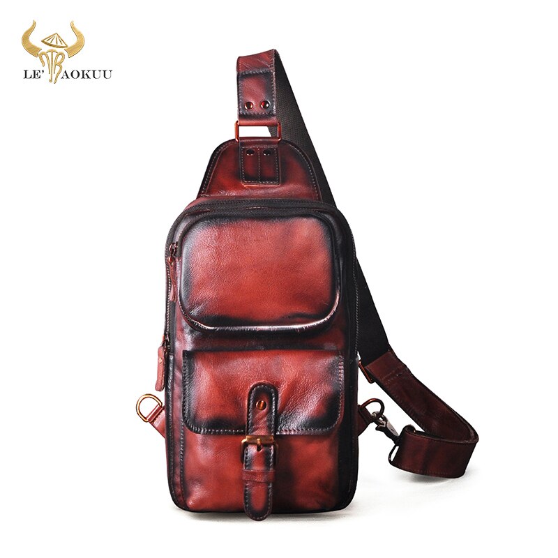 2022 New Real Bull Leather Retro Triangle Chest Sling Bag 8" Tablet Design One Shoulder Strap Cross body Bag Men Male 1315