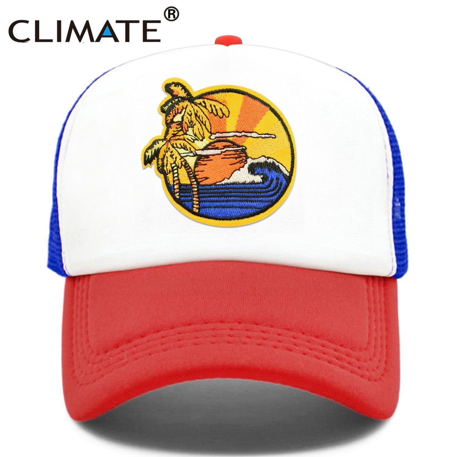 CLIMATE Seaside View Trucker Cap Hat Sandbeach Sight Vacation Cap Coconut Holiday Mesh Cap Surfing Sunrise Sea Wave Cool Hat Cap