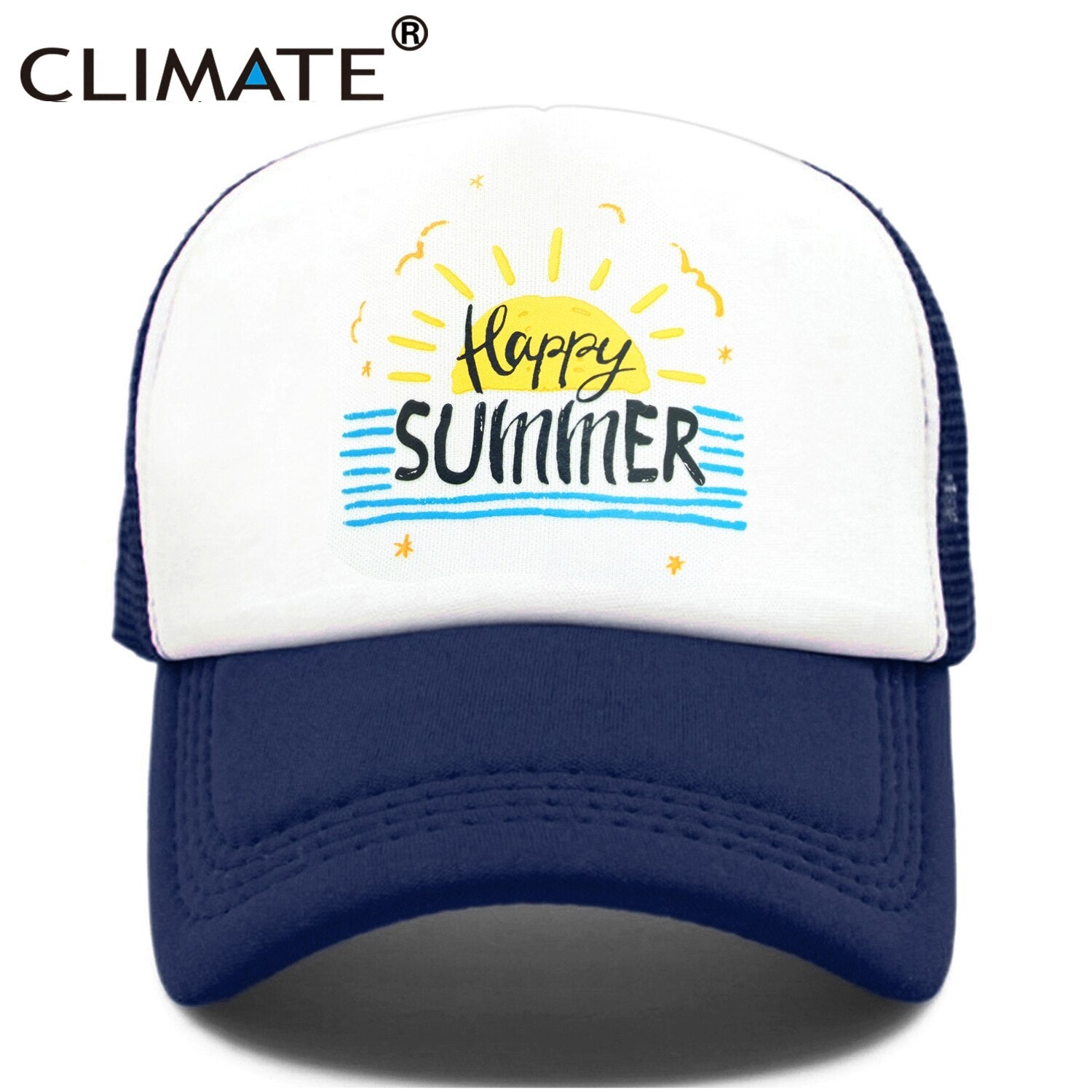 CLIMATE Happy Summer Cap Seaside Sandbeach Surfing Trucker Cap Hat Hip Hop Vacation Surfing Mesh Cap Hat for Men Women Youth