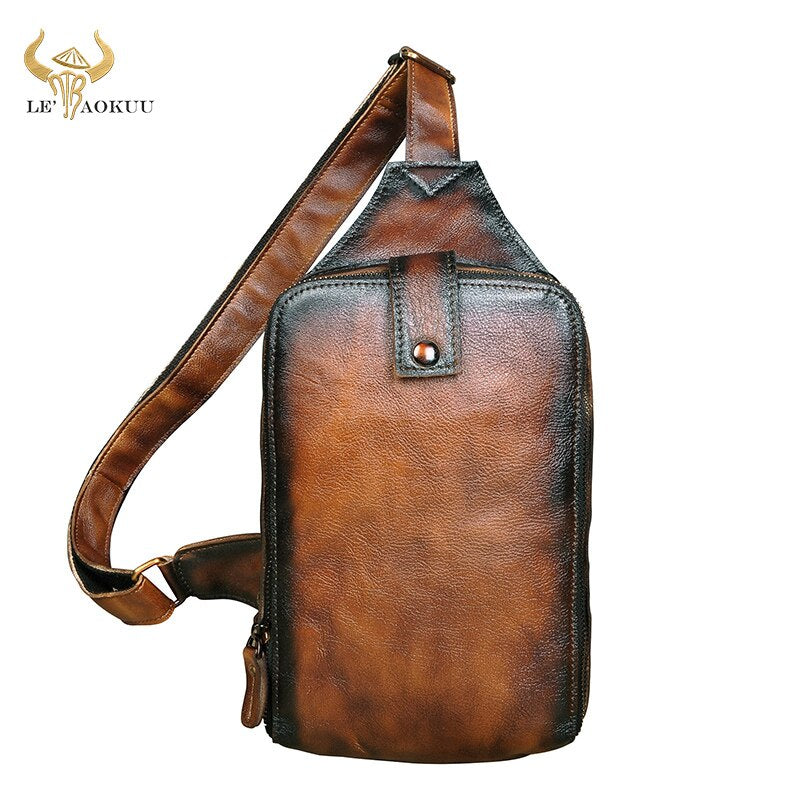 2020 Men Genuine Leather Casual Fashion Triangle Chest Sling Bag 8" Tablet Design Travel One Shoulder Crossbody Bag Male 6216