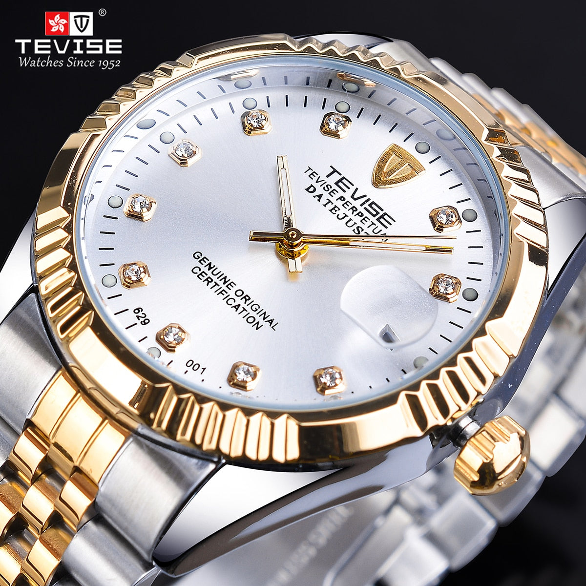 TEVISE Diamond Dial 30M Waterproof White Golden Stainless Steel Luminous Hand Date Clock Male Sports Automatic Mechanical Watch