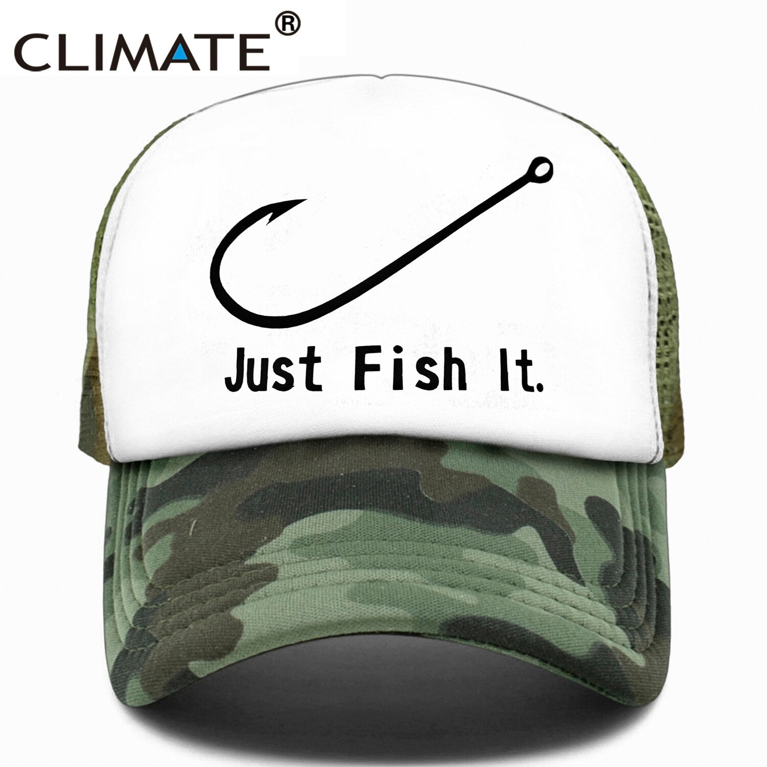 CLIMATE Fishing Cap Fish Hook Trucker Cap Just Fish It Cap Men Funny Pike Fish Fishing Cap for Man Hook Cap Summer Cool Mesh Cap