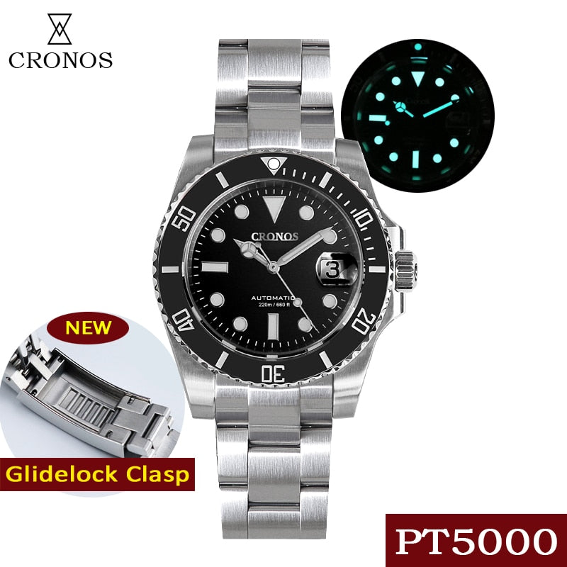 Cronos Diver Luxury Men Watch Stainless Steel PT5000 Bracelet Ceramic Rotating Bezel 200 meters Water Resistant Glidelock