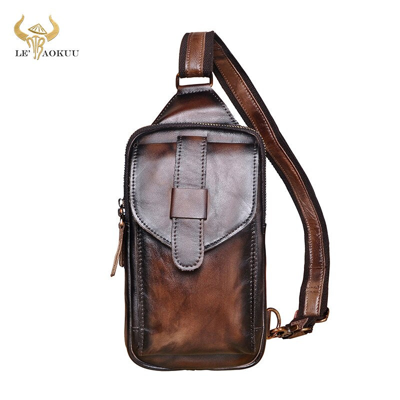 Luxury Men Crazy Horse Leather Vintage Triangle Chest Sling Bag Design Travel Daypack Tea One Shoulder Crossbody Bag XB571