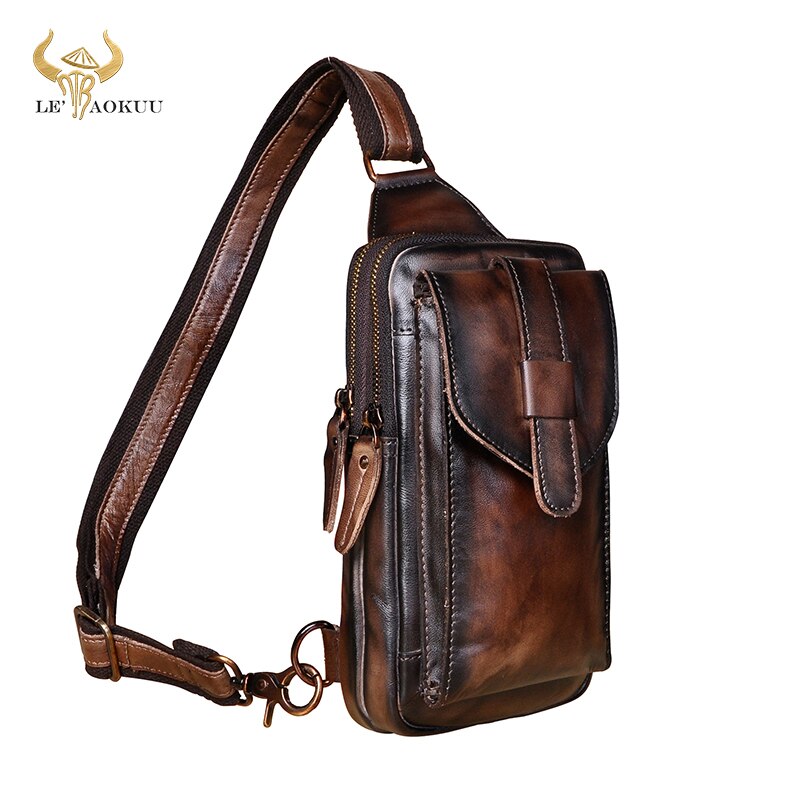 Men Original Real Leather Casual Fashion Coffee Triangle Chest Sling Bag Design